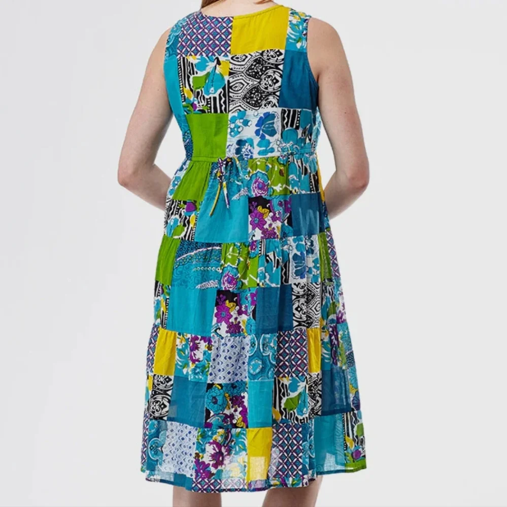 La Cera Patchwork Floral Shift Dress Boho Festival Cotton Summer Resortwear Sz S